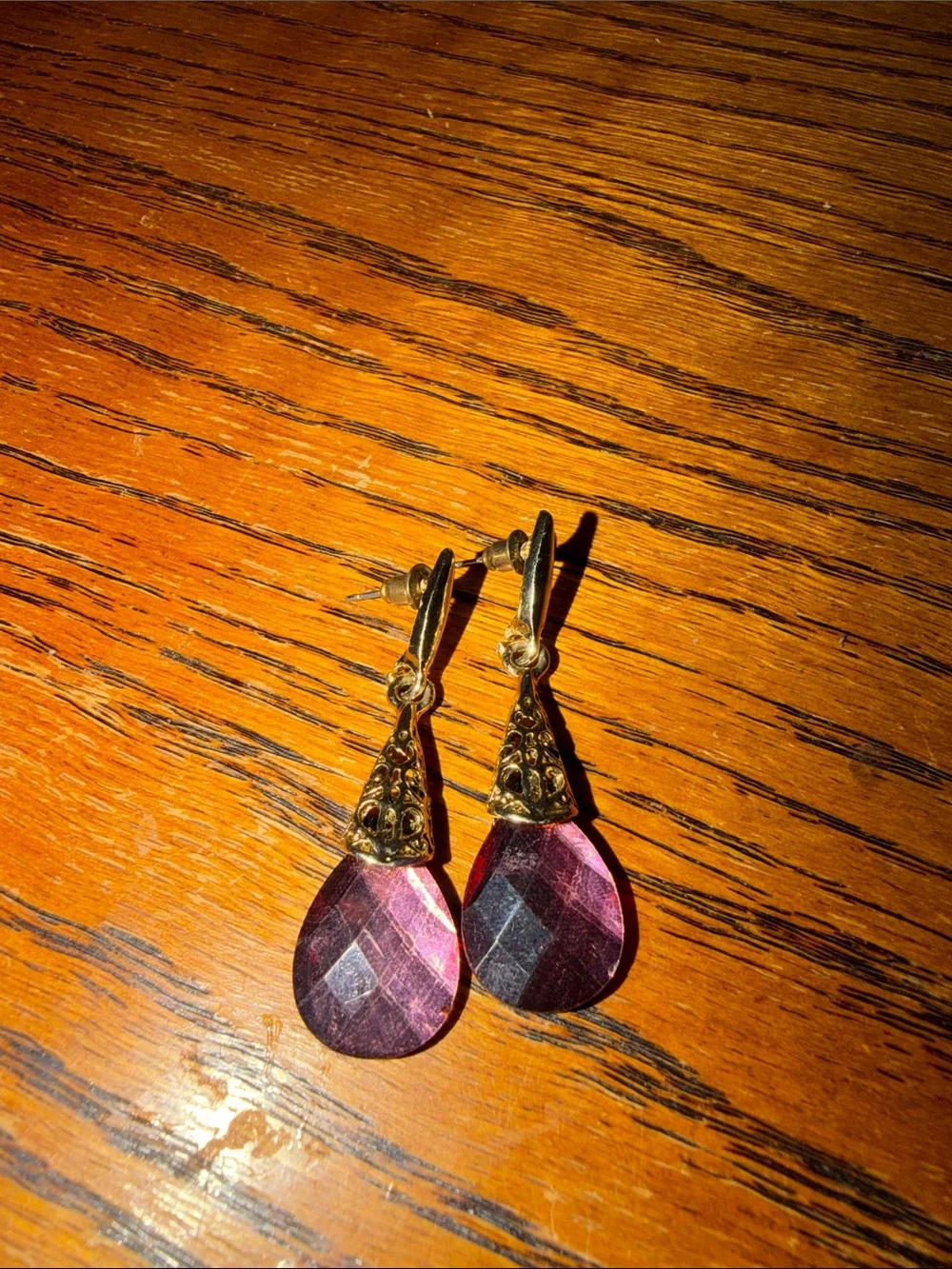 Gold-Tone Purple Teardrop Dangle Earrings